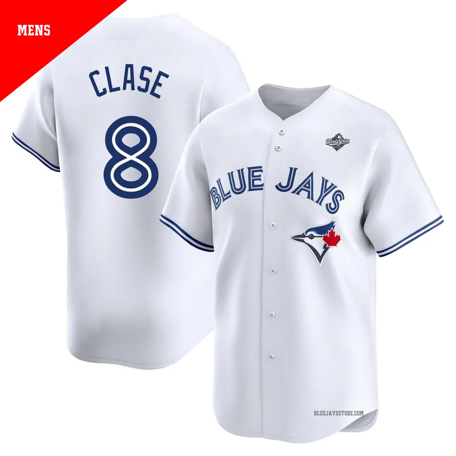 Men's Toronto Blue Jays Jonatan Clase ＃8 White Limited Home 2025 World Series Jersey