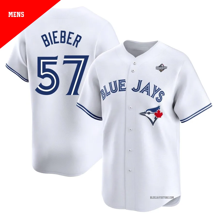 Men's Toronto Blue Jays Shane Bieber ＃57 White Limited Home 2025 World Series Jersey