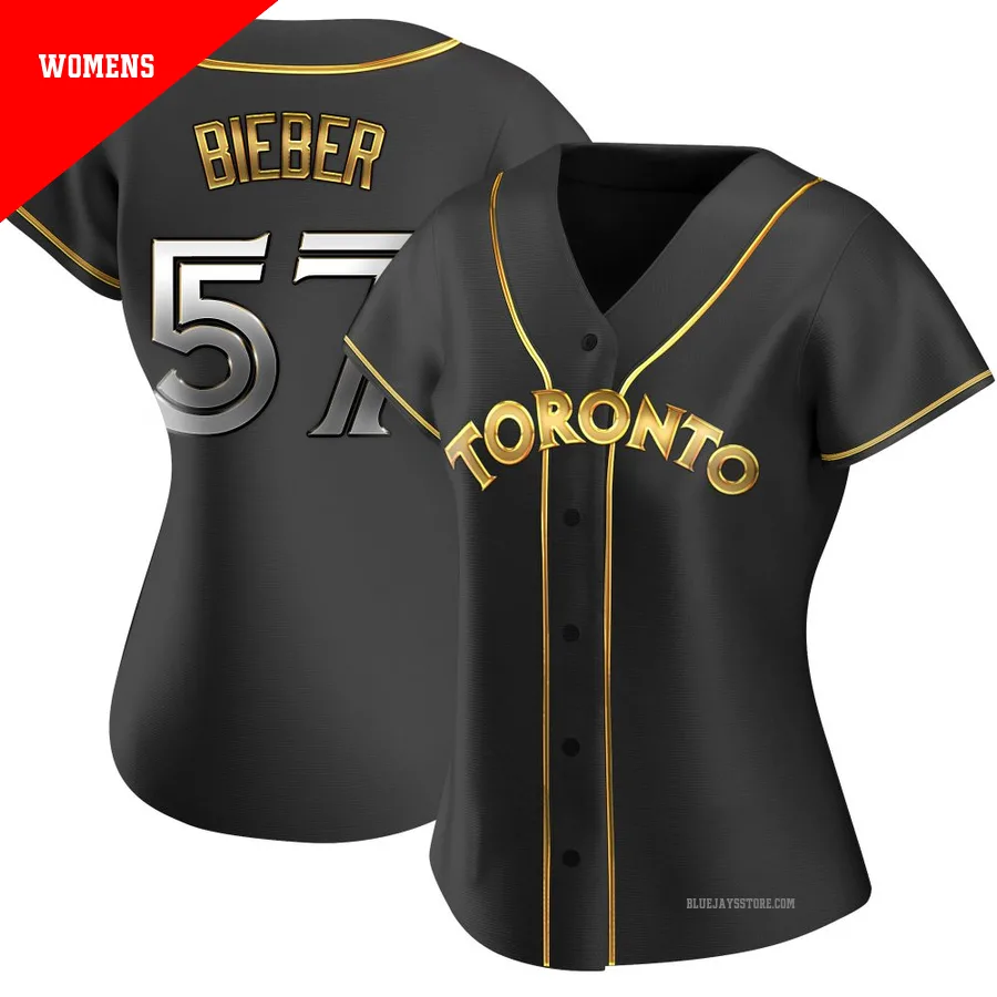 Women's Toronto Blue Jays Shane Bieber ＃57 Gold Replica Black en Alternate Jersey