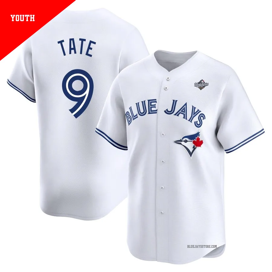 Youth Toronto Blue Jays Dillon Tate ＃9 White Limited Home 2025 World Series Jersey