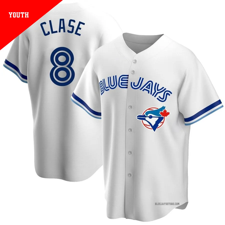 Youth Toronto Blue Jays Jonatan Clase ＃8 White Replica Home Cooperstown Collection Jersey