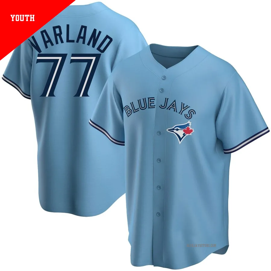 Youth Toronto Blue Jays Louis Varland ＃77 Blue Replica Powder Alternate Jersey