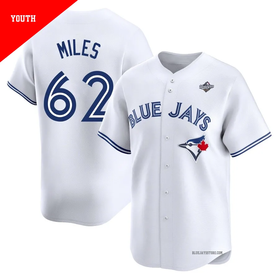Youth Toronto Blue Jays Spencer Miles ＃62 White Limited Home 2025 World Series Jersey