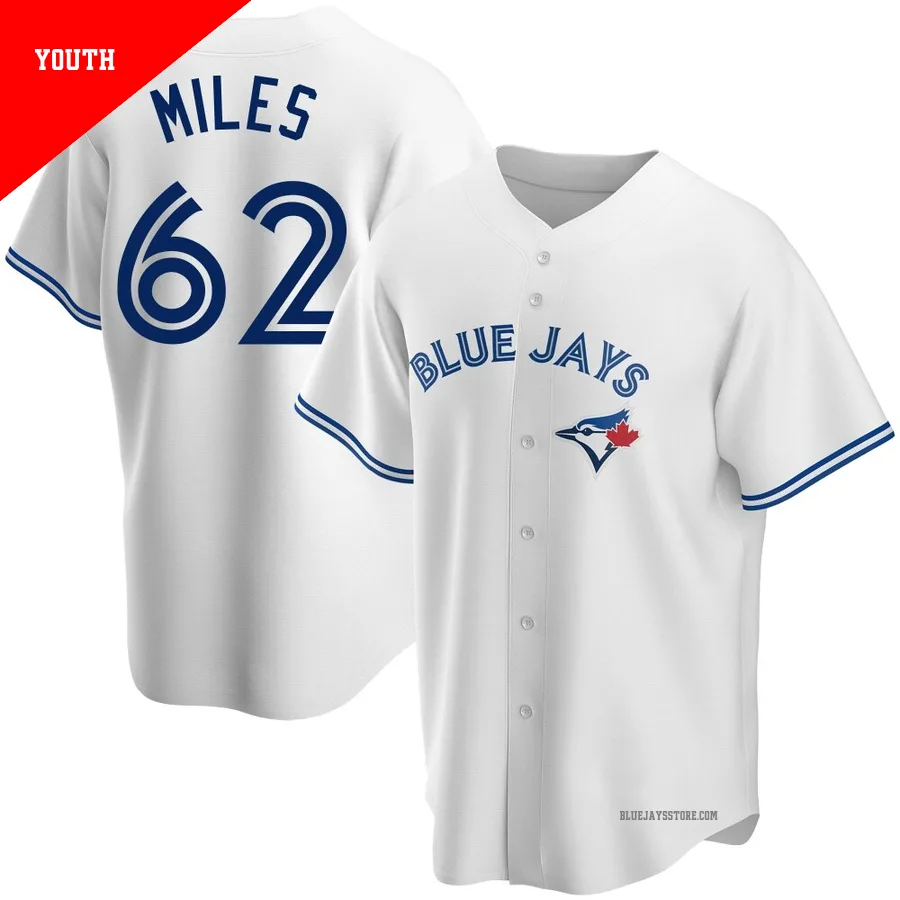 Youth Toronto Blue Jays Spencer Miles ＃62 White Replica Home Jersey
